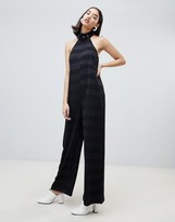 Thumbnail for your product : Lost Ink sleeveless jumpsuit with buckle collar in tonal stripe