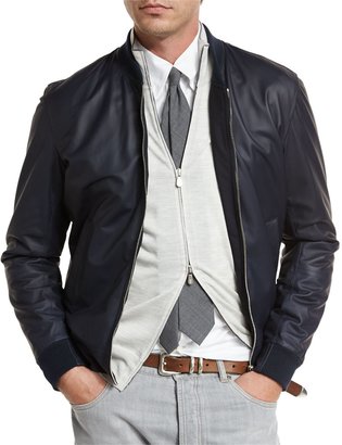 Brunello Cucinelli Reversible Leather & Wool Bomber Jacket, Navy