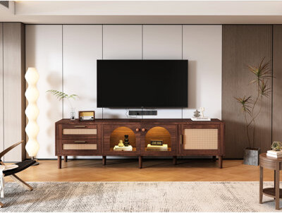 Dakota Fields 80'' Tv Cabinet With Texture, Ample Storage Space, Solid Wood Legs And Waterproof Tabletop For Living Room, Bedroom, Home Theatre Storage, Tempered Gl