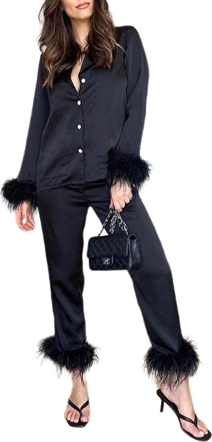 Black Feather Trimmed Daily Sleeper Feather Pajamas Black Feather