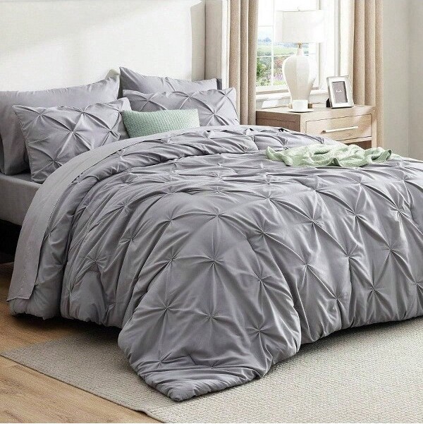AI'MAGE QueenComforterSetGrey-7-PieceBedinaBag,GentleSoftPintuck,All-SeasonwithSheets,PillowcasesShamsgreyQueen