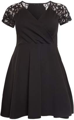 Quiz Curve Black Lace Sleeve Wrapover Skater Dress