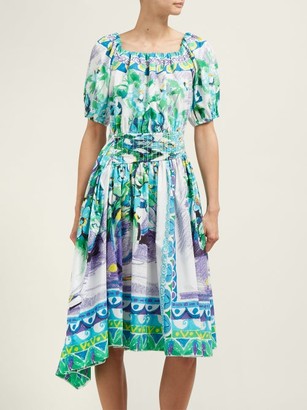 Prada Flowerpot-print Cotton Midi Dress - Blue Multi