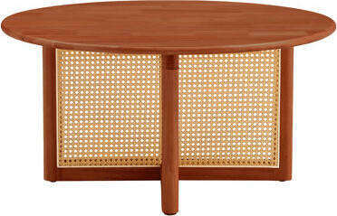 Bay Isle Home A natural and elegant deep red wooden coffee table with artificial rattan decorations, perfect for a fashionable living room and comfortable tea drink