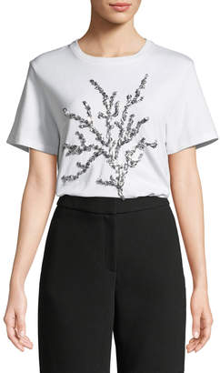 Oscar de la Renta Crewneck Short-Sleeve Sequin-Embroidered T-Shirt