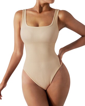 DOULAFASS Ribbed Shapewear for Women Square Neck Thong Backless