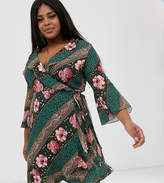 Thumbnail for your product : Outrageous Fortune Plus ruffle wrap dress with fluted sleeve in scarf print