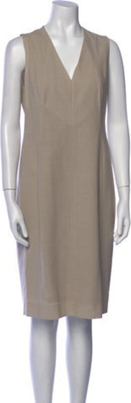 Akris Wool Shift Dress Neutrals Sleeveless with V-Neck Concealed Zip Closure at Back Designer