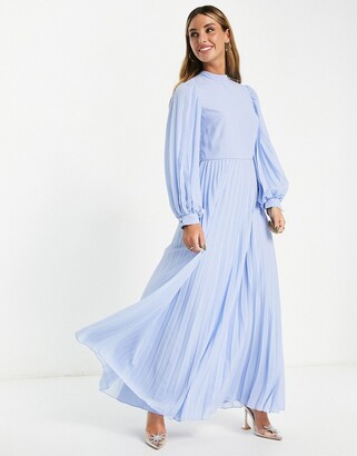 ASOS DESIGN high neck pleated long sleeve skater maxi dress in cornflower blue
