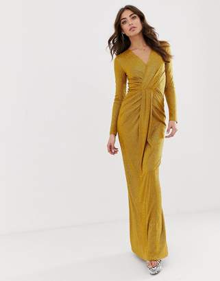 Lipsy drape plunge front metallic maxi dress in gold