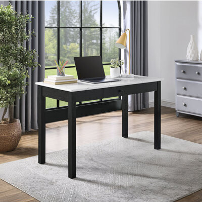 Latitude Run 1Pc Modern White Faux Marble Desk Elegance Black Base Stunning Storage Drawer Wooden Home Office Furniture