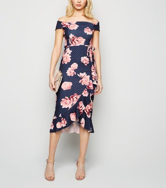 New Look Floral Spot Bardot Ruffle Midi Dress