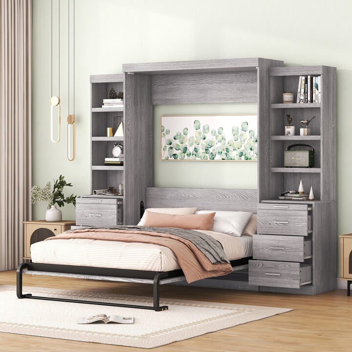 EKAR Full/Twin Size Murphy Bed with Storage Shelves and Drawers,Storage