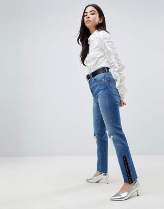 ASOS Design Farleigh High Waist Slim Mom Jeans With Knee Rips And Hook & Eye Leg Detail