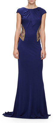 Badgley Mischka Cap-Sleeve Embellished Gown, Sapphire