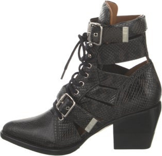 Chloé Embossed Leather Ankle Lace-Up Boots Black Pointed-Toes Multistrap & Lace-Up Closure at Uppers Includes Dust Bag