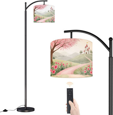 Latitude Run Arc Floor Lamp Whimsical Pastel Landscape Cherry Blossom Tree Fairytale Floor Lamps with Remote LED Lights Adjustable Lamp Shades Tall Standing Lamps