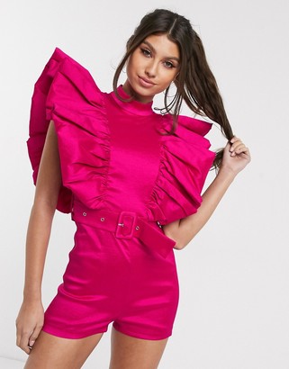 Rare London playsuit with belt and statement sleeve detail in pink