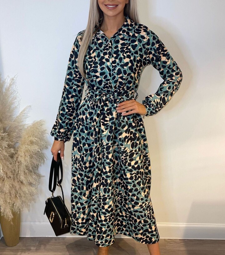 Missfiga Green Leopard Print Scuba Crepe Midi Shirt Dress ShopStyle