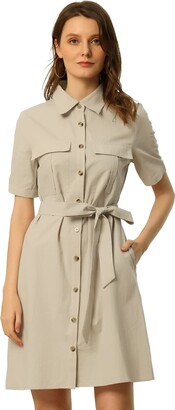 Allegra K Women's Safari Dresses Summer Cotton Short Sleeve Belted Button Down Shirtdress Tan XL
