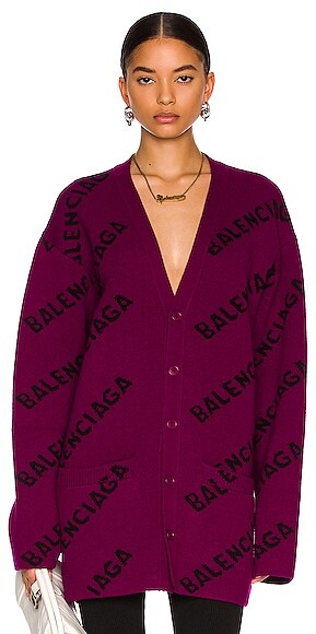 Balenciaga Long Sleeve Logo Cardigan in Wine - ShopStyle