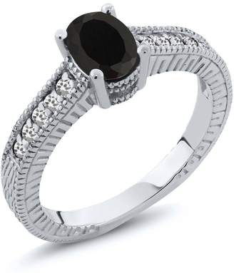 Gem Stone King 0.90 Ct Oval Black Onyx White Sapphire 18K White Gold Engagement Ring