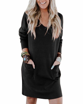 Style Dome Women Hoodie Casual Long Sleeve Sweater Jumper Dress Baggy Pullover Solid Color T-Shirt Hoodie Drawstring Jumper Pullover Top Hooded Tunic 1-Black XXL