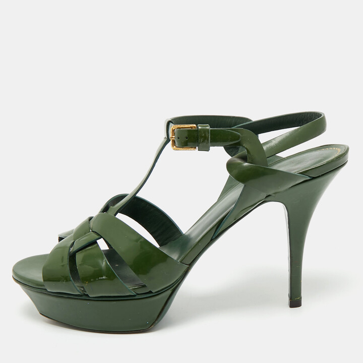 Saint Laurent Tribute Size 40 Green Patent Leather Platform Sandals