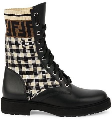 fendi rockoko leather and knit combat boots