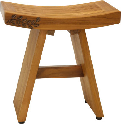 Aqua Teak 18" Asia® Artisan Teak Shower Bench with Carved Leaves on Seat-Front