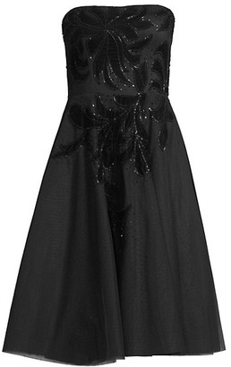 Aidan Mattox Strapless Velvet Floral Tea-Length Dress