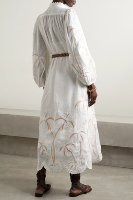 Zimmermann Lyre Belted Embellished Linen Midi Dress - Ivory