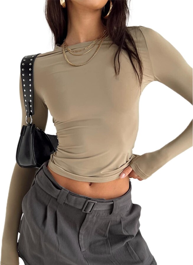 YILEEGOO Long Sleeve Crop Tops Y2k Streetwear Going Out Skinny Tops for Women  Sexy Tight Long Sleeve Shirts (Coffee - ShopStyle