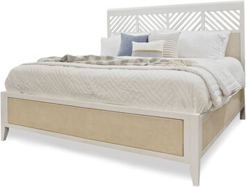 Hokku Designs Stunning Coastal Queen Bed Frame with Durable Rubberwood and Birch Veneer, Two-Tone Sand and Stark White Finish, Unique Woven Panel Design, Optional U