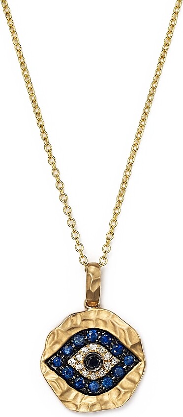 Bloomingdale's Fine Collection White Diamond Black Diamond and Blue Sapphire Evil Eye Pendant Necklace in 14K Yellow Gold 18