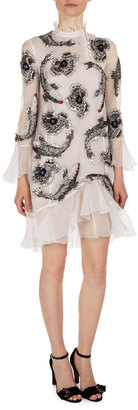 Erdem Constance Ruffle-Trim Beaded Dress, White/Silver