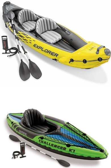 Intex Explorer K2 2-Person & Challenger K1 1-Person Inflatable Kayak Bundle With Oars And Pump - Rugged Vinyl, I-Beam Floors, Removable Skeg