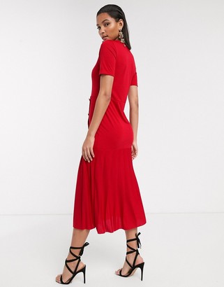 ASOS DESIGN dropped waist midi dress with pleated hem in red