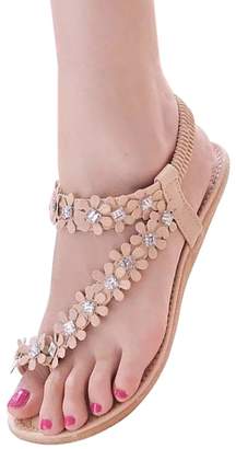 Donalworld Women Bohemia Flower Beads Flip-flop Shoes T-strap Flat Sandals Beige