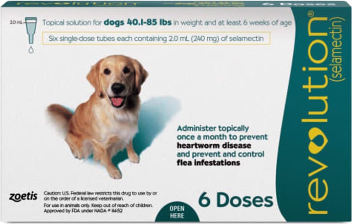 Revolution 240 mg Selamectin Topical Solution for Dogs, 40.1-85 lbs, 6 treatments