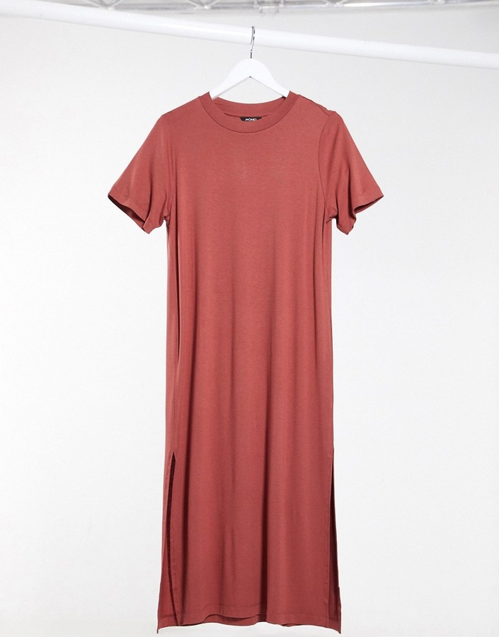 Monki Exclusive Isabella jersey midi t-shirt dress with side split in rose  - ShopStyle