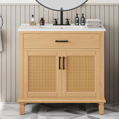 36-Inch Rattan Bathroom Vanity with Ceramic Sink, Soft-Close Drawers, and Solid Wood Legs for Modern Bathrooms