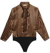 Nina Ricci Pussy-Bow Striped Silk-Satin Bodysuit