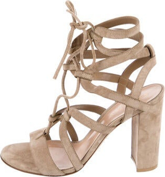 Gianvito Rossi Suede T-Strap Pumps Neutrals Round-Toes Platform Lace-Up Closure at Uppers Designer