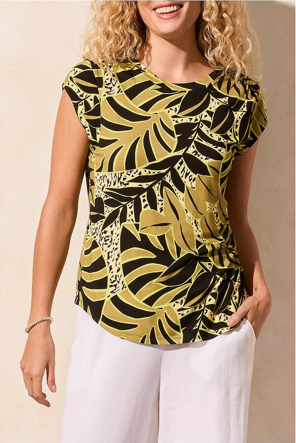 Tribal Cap-Sleeve Crewneck Jersey Top