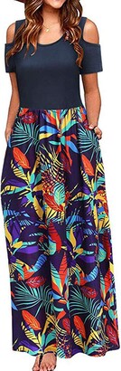 ReooLy Women Summer Dress Off Shoulder Floral Print Skirt Elegant Maxi Long Dress Pocket Dress(Purple Large)
