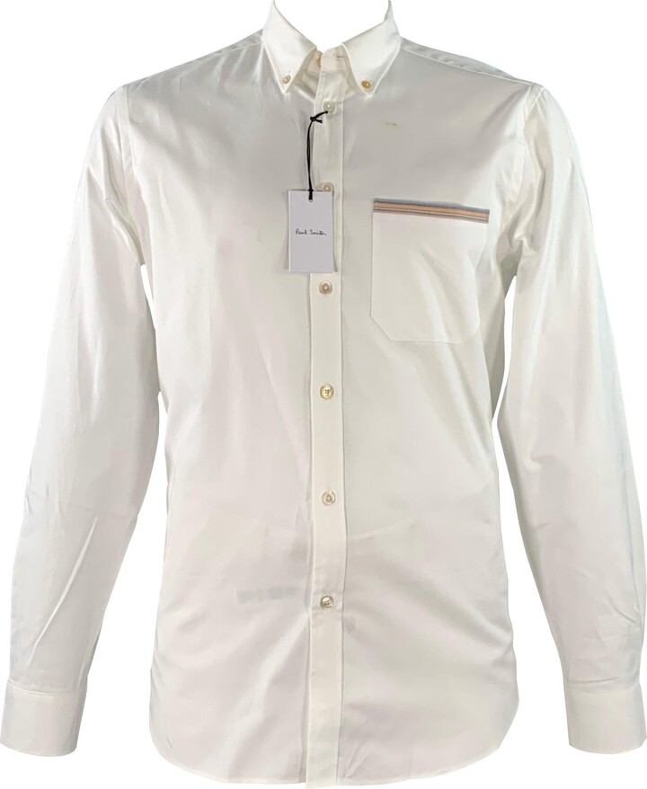 Paul Smith Size L White Contrast Trim Cotton One Pocket Long Sleeve Shirt