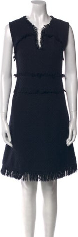 Tory Burch A-Line Dress Blue Fringe Trim Accent Sleeveless with V-Neck Concealed Zip Closure at Back Designer