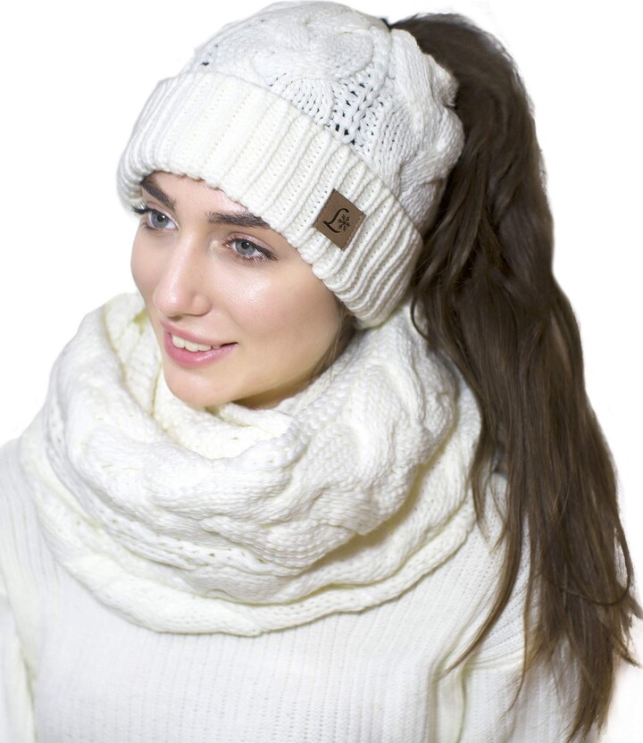 Lelaffet Ponytail Beanie Winter Set Knitted Hat Scarf BeanieTail