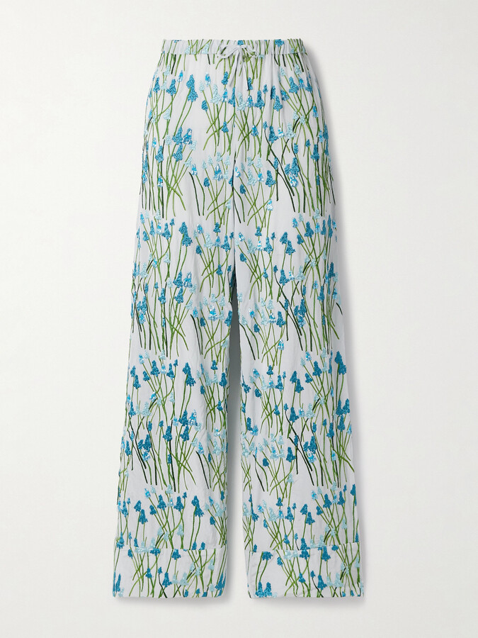 BERNADETTE - Louis Sequin-embellished Embroidered Silk Pajama Pants - Blue